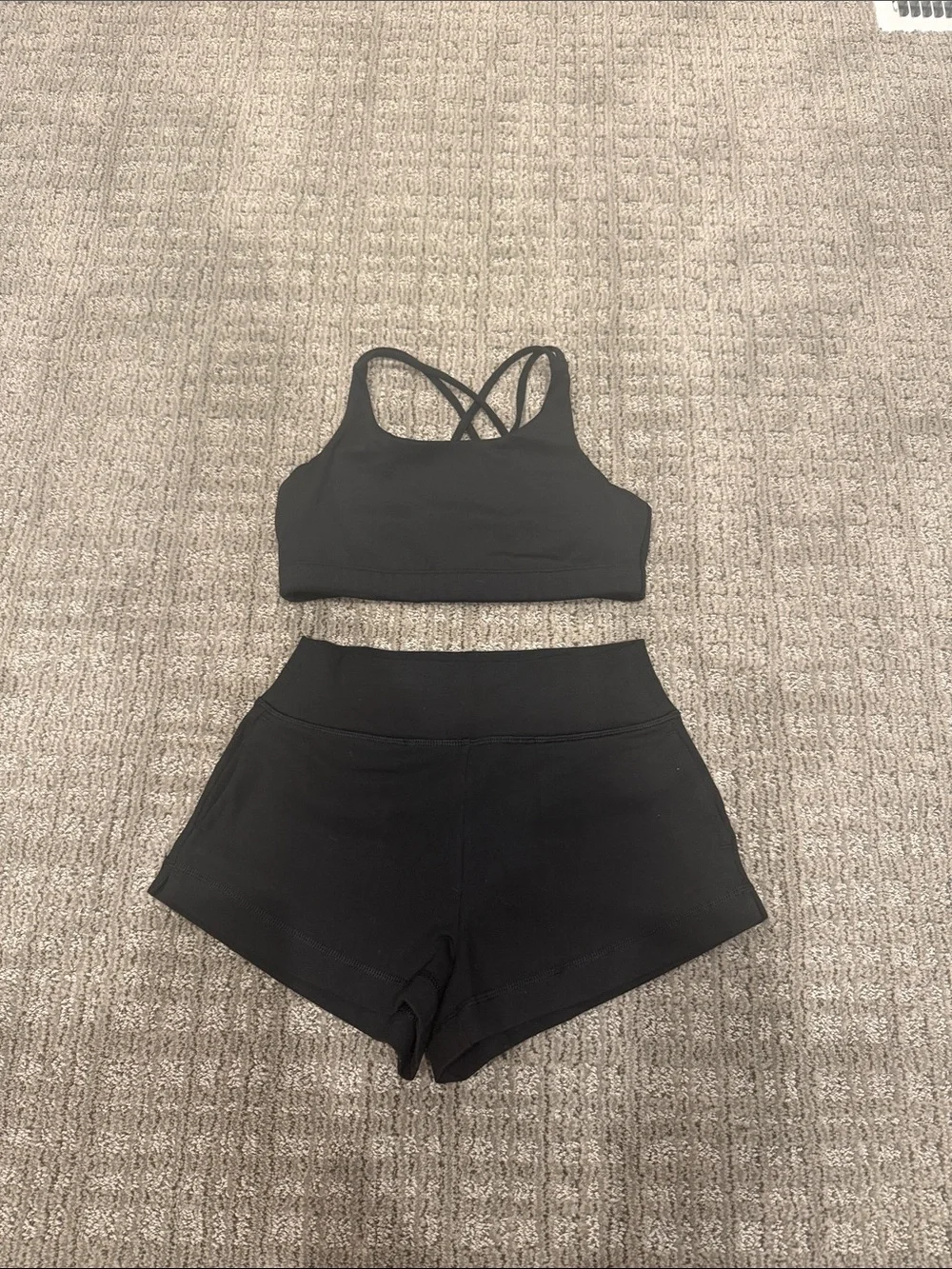 Athleta Black Crisscross Strappy Sports Bra and shorts